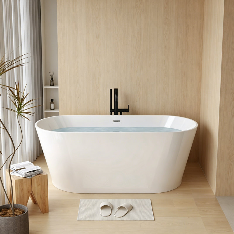 59" Acrylic Freestanding Bathtub, Stand Alone Soaking Tub, Glossy White Acrylic, Toetap Chrome Drain, Cupc Certified