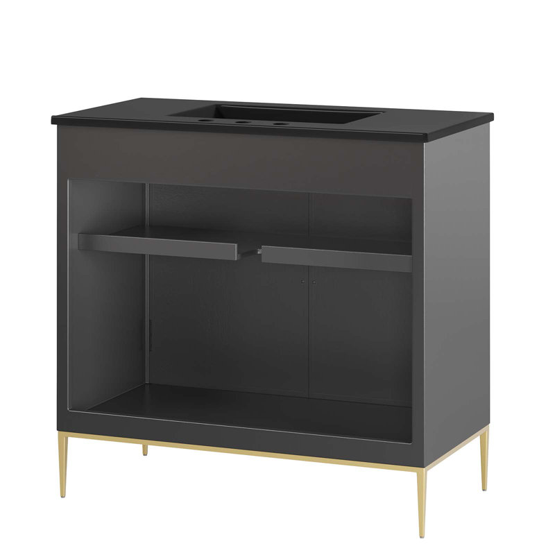 Modway Awaken 36" Black Solid Wood Bathroom Vanity with Gold Accents