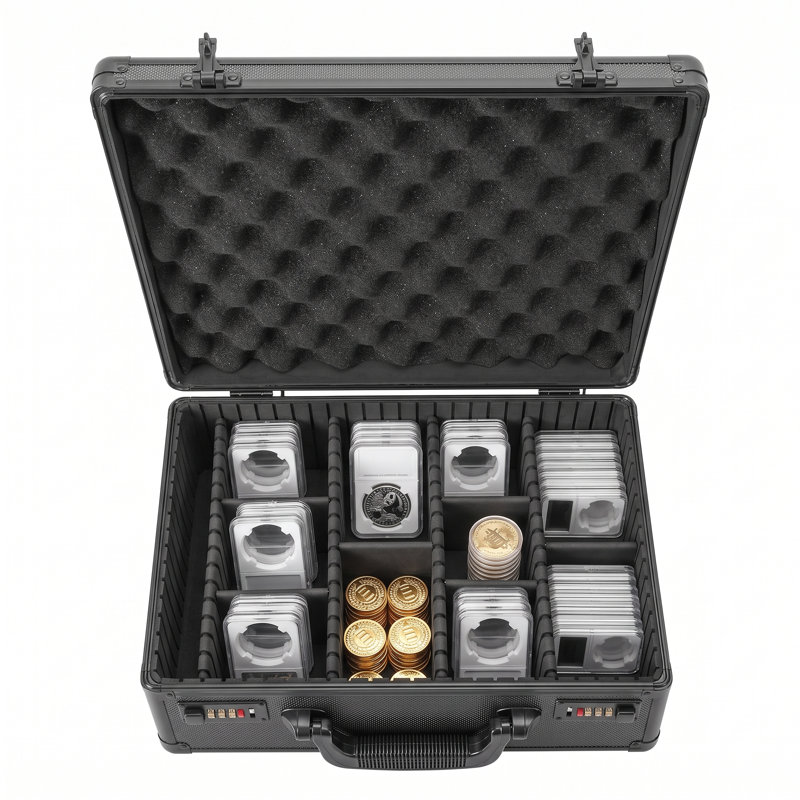 Coffret de rangement pour collectionneurs de pièces certifiées NGC et PCGS, pouvant contenir plus de 120 pièces, avec cadre en aluminium verrouillable.