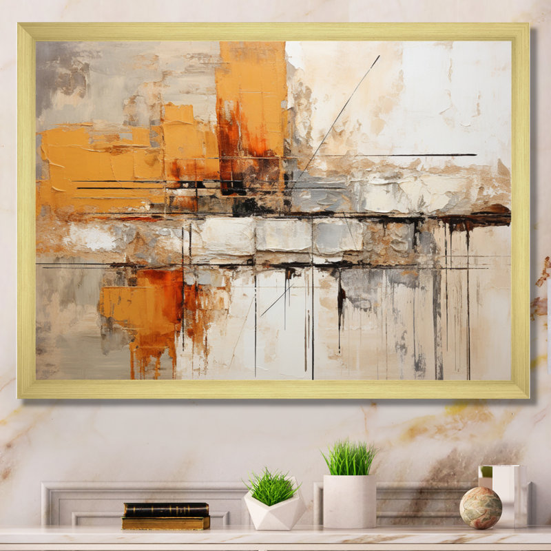 Georgean Orange Impressions II - Abstract Collages, art mural, H 24 po x l 32 po, Doré, Cadre photo unique