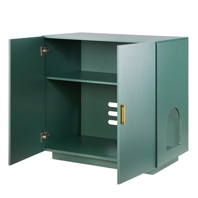 Enceinte de litière pour chat, armoire à litière cachée de 31,5 po, salle de bain intérieure en bois pour chat avec trous ventilés, meuble pour chat à double porte pour chat, table d'appoint pour la plupart des bacs à litière