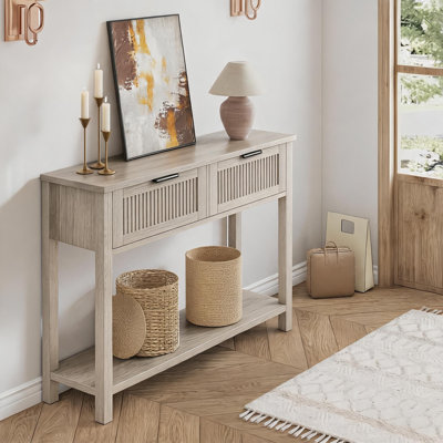 Farmhouse 43 Inch Wood Fluted Console Table with 2 Drawers – Narrow Entryway Table with Storage Shelf for Living Room, Foyer, Hallway