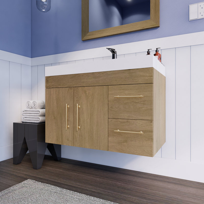 35.44'' Single Bathroom Vanity with Acrylic Top, White Oak