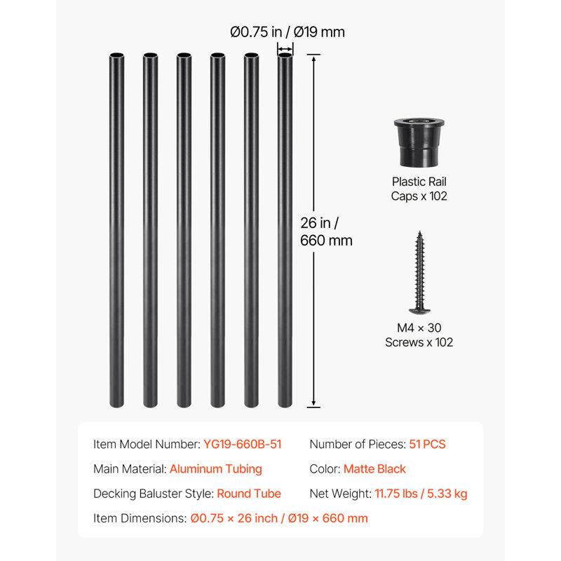 Balustres d'escalier (lot de 51), 66 cm (26 po), en aluminium, barreaux ronds étanches de 19 mm (3/4 po), garde-corps creux avec capuchons et vis pour escaliers, porche, patio, clôture, noir.