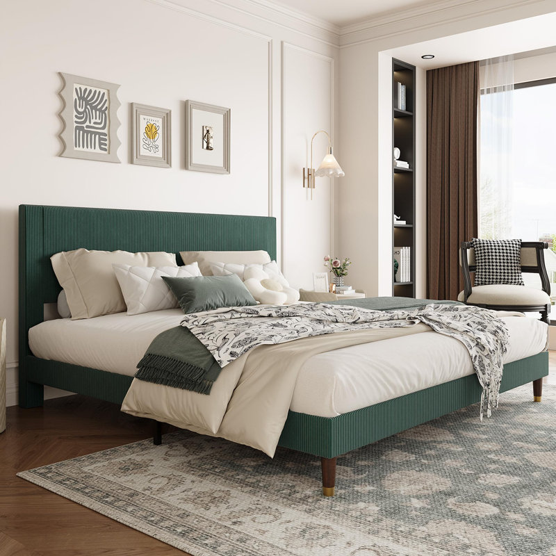 Base de lit plateforme très grand, cadre de lit très grand moderne avec tête de lit tapissier et support à lattes en métal robuste, aucun sommier requis, assemblage facile, vert