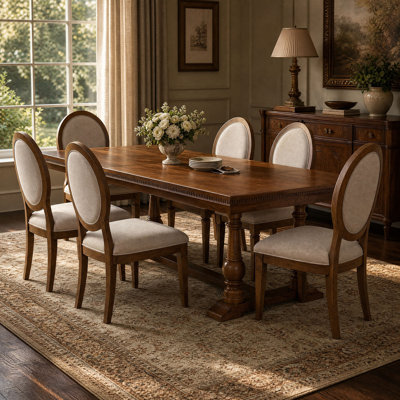 Ensemble de salle à manger extensible en bois massif 7 pièces (58"-76") avec 6 chaises rembourrées à dossier ovale