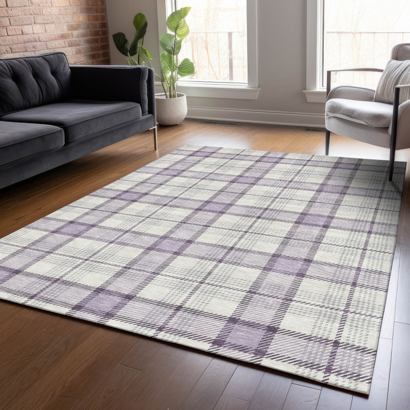 Lavender Plaid Washable Synthetic Indoor/Outdoor Rug