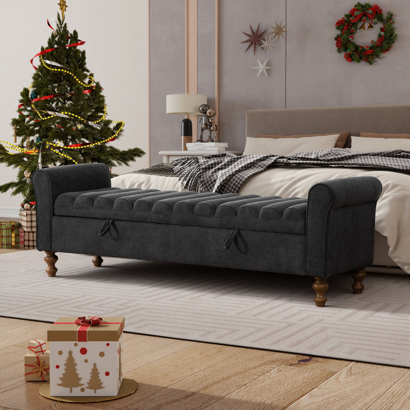 Wide Upholstered Flip-up Storage Bench With Flared Arms And Solid Wood Legs, Charcoal