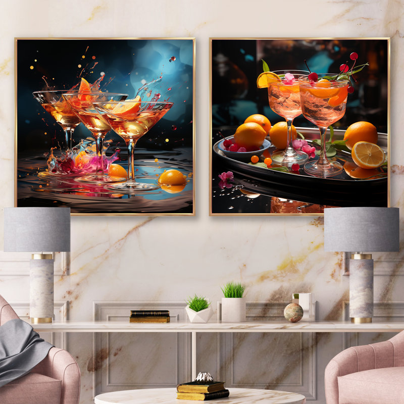 Collage coloré coloré - ensemble de 2 collages carrés cocktail, H 36 po x l 73 po, Cadre flottant doré
