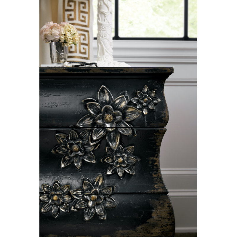 Black Distressed Three-Drawer Chest with Floral Accents
