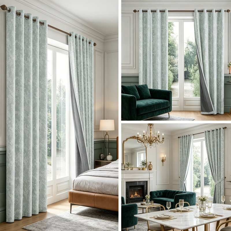 Elegant Green Floral Blackout Jacquard Eyelet Curtains 132x213 cm (2 Panels)