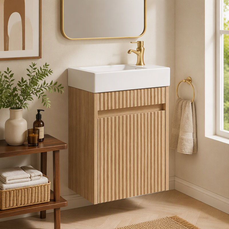 [Viedo] Meuble-lavabo flottant de 15,7 po avec lavabo SMC réversible, armoire en panneau de fibres à densité moyenne à devant ondulé, conception sans poignée à ouverture par pression, charnières à fermeture en douceur