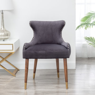 Chaise rembourrée en velours gris - avec tissu, dossier à boutons, garniture en métal scintillante, pieds rembourrés de mousse dense contemporaine, garniture cloutée, bois d'hévéa noir