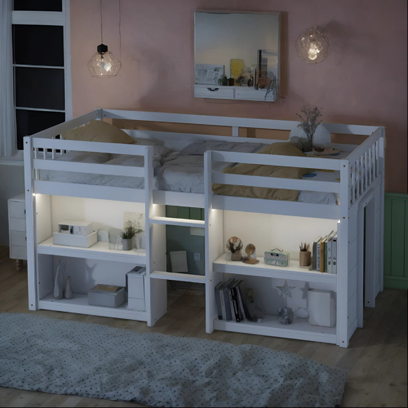 Lit simple mezzanine bas avec tablettes Jceur, Blanc