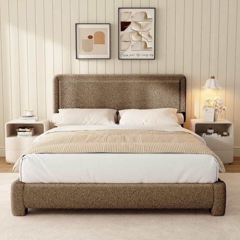 Boucle Bed Frame, Upholstered Cloud Bed Frame, Platform Bed Frame With Headboard, Modern Cream Bed Frame, Queen, Beige