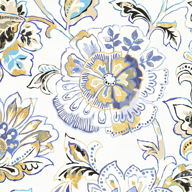 Boho, Ceyton Garden IV, noir, or, bleu, sur blanc, motifs, motifs, bohémien, dessin au trait, H 16 po x l 24 po x P 1,5 po