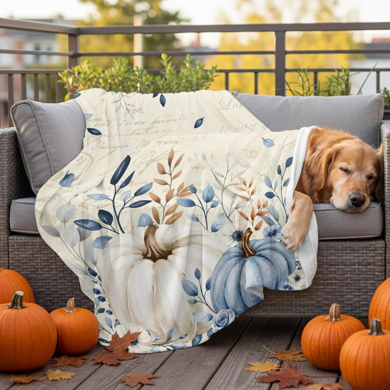 Jeté de lit en molleton, feuillage floral blanc léger à motif citrouille de Thanksgiving, 50" L x 40" W