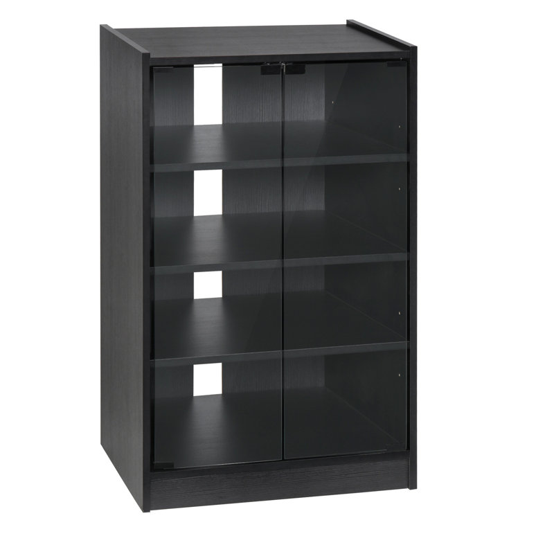 5 Media Center Cabinet. Distressed Black, Tempered Glass Doors, Adjustable Shelves. Accommodates Player, Receiver, Gaming Console, Laptop, Books. Arranges Cables Stand With Door, Shelves And Cable