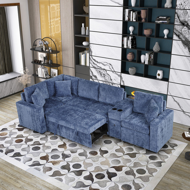 Canapé-lit convertible en L escamotable avec console et rangement, Chenille bleu