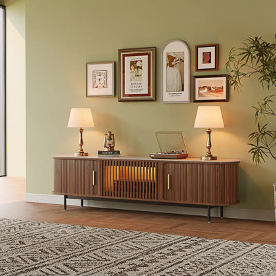 Mid-Century Modern Tambour Door TV Stand With LED Lights, Fully Assembled