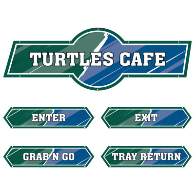AmTab - Serving-Décor-S01-S-EC - Serving Area Signage (5 pieces) - Style 1 - Turtles
Café Sign: 24"W x 72"L
Enter Sign:  8.5"W x 36"L
Exit Sign:  8.5"W x 36"L
Grab N Go Sign:  8.5"W x 36"L
Tray Return Sign:  8.5"W x 36"L