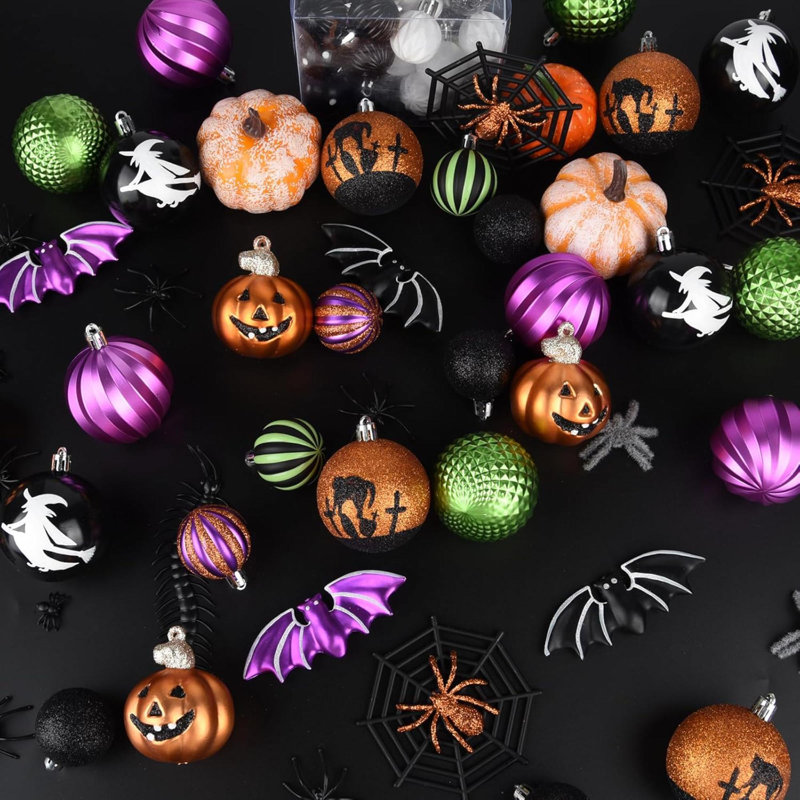 62 pièces d'Halloween boules suspendues ornements décorations d'arbre boules en plastique pour les fêtes de fin d'année décoration intérieure 62Pack