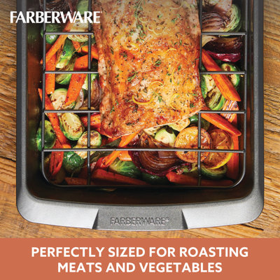 Farberware Bakeware Nonstick Roaster / Roasting Pan With U-Rack, 14.75 Inch X 10.75 Inch, Gray