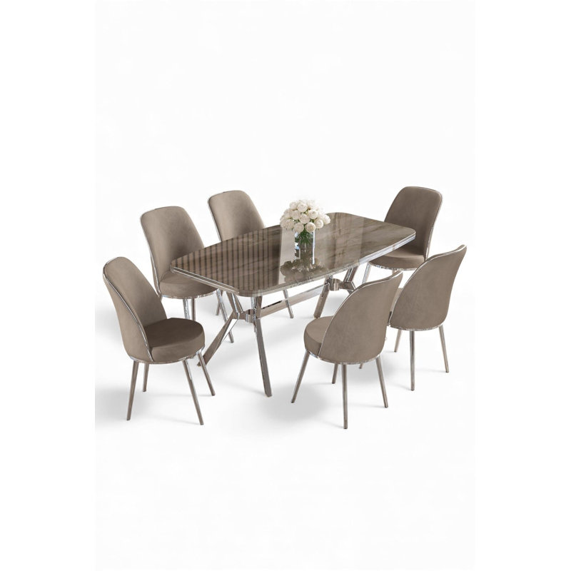 Dining Table & Chairs Set (7 Pieces), 7 Pieces: Table, 6 Chairs, Cappuccino, Anthracite/Chrome