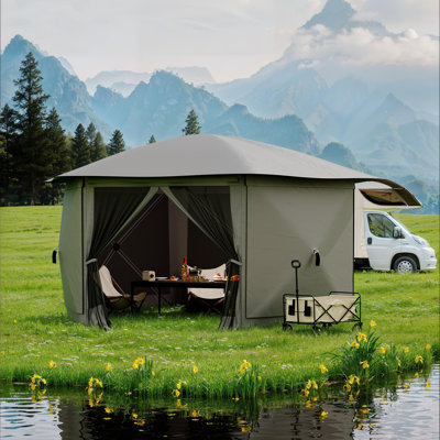 Pavillon de jardin pliable à 6 côtés de 11 pi avec auvent, moustiquaire et panneaux de vent - Tente extérieure portable pour la cour, le camping