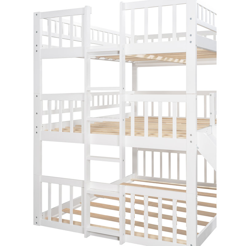Lit double superposé double au-dessus de double au-dessus de double avec glissière et double échelle, bois massif, Blanc