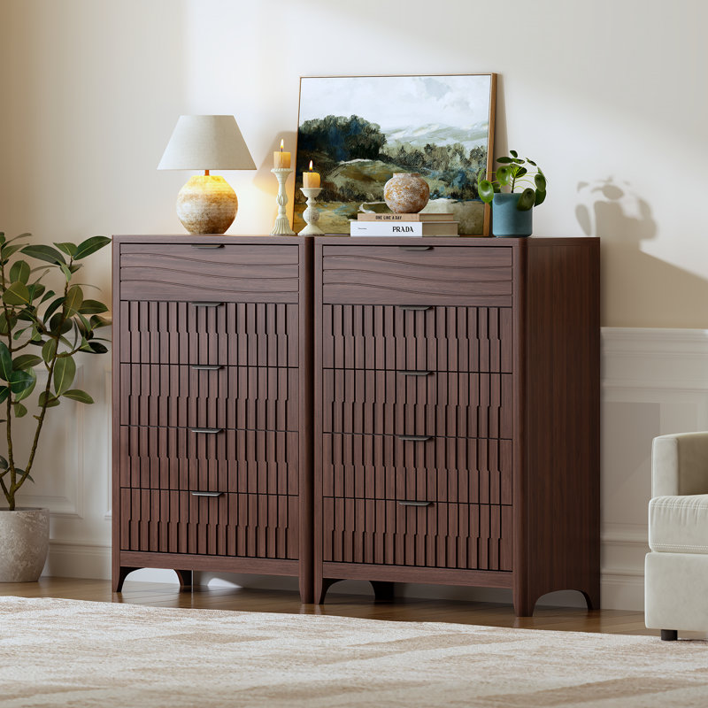 Fluted Design 5 Drawers Dresser, Tall Wooden Chest Of Drawers With Metal Handles, Brown