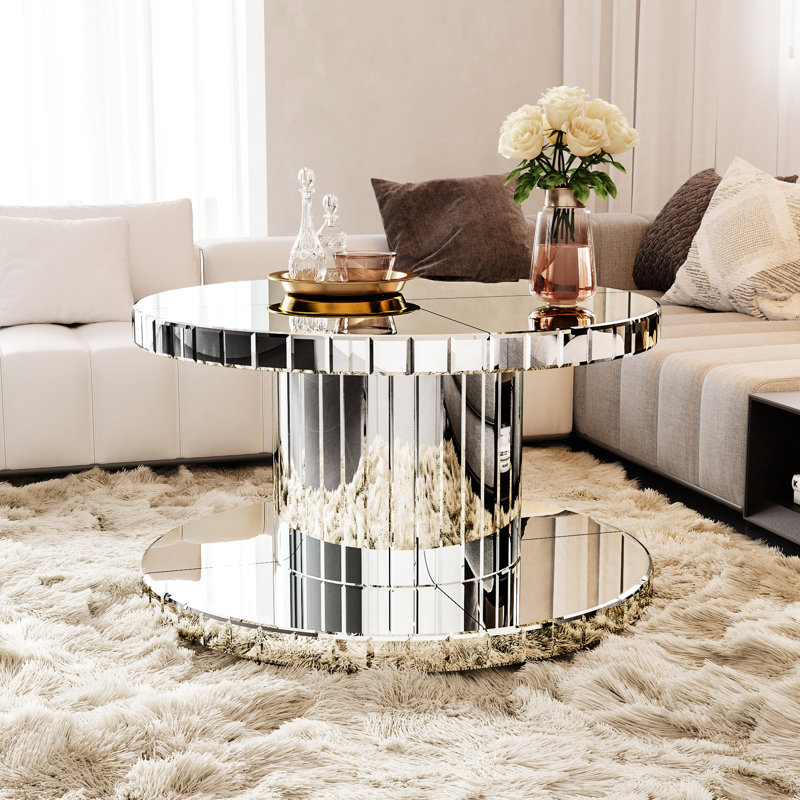 Table de bout de luxe ronde à miroir à deux niveaux de 31,5 po de largeur, verre cannelé pour une surface de jeu unique de 18 po de hauteur, style moderne salon en verre