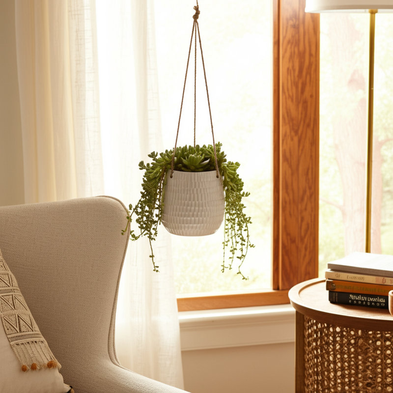 Pot à fleurs suspendu en céramique Rosaria, Blanc alvéolé, H 6,5 po x l 7 po x P 7 po