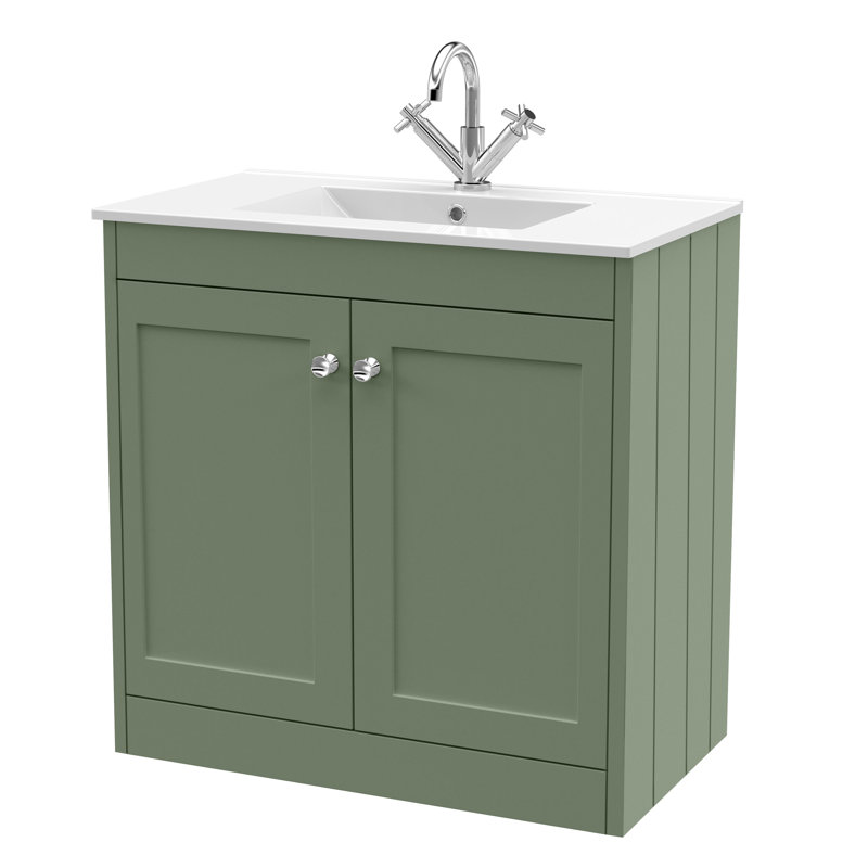 Old London Ashwick Pebble Grey 800mm Floorstanding 2-Door Unit With Basin 1 Tap Hole, Satin Green, 805 cm