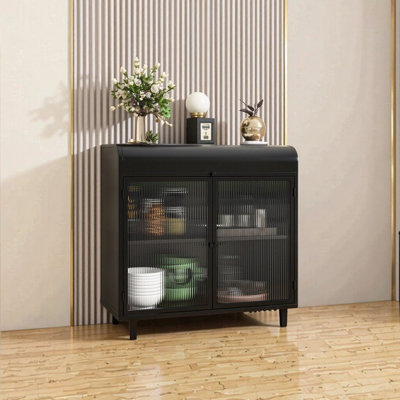 Buffet moderne avec portes en verre trempé figuré, dessus rabattable, tablettes intérieures, console de rangement à cadre en métal pour la salle à manger, la cuisine, le salon et le vestibule (noir)