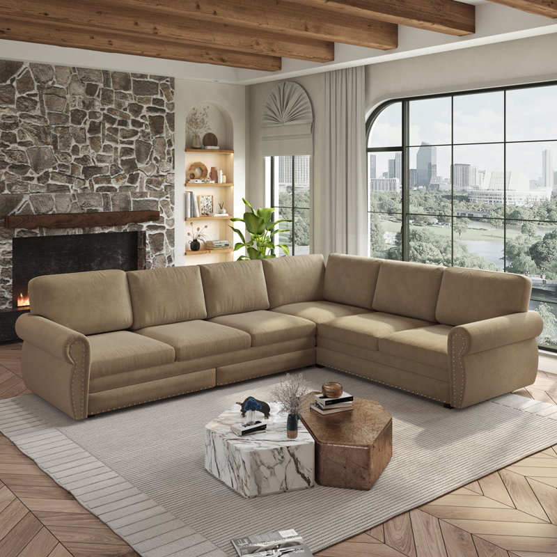 Canapé modulaire en L avec lit escamotable, Chenille brun clair