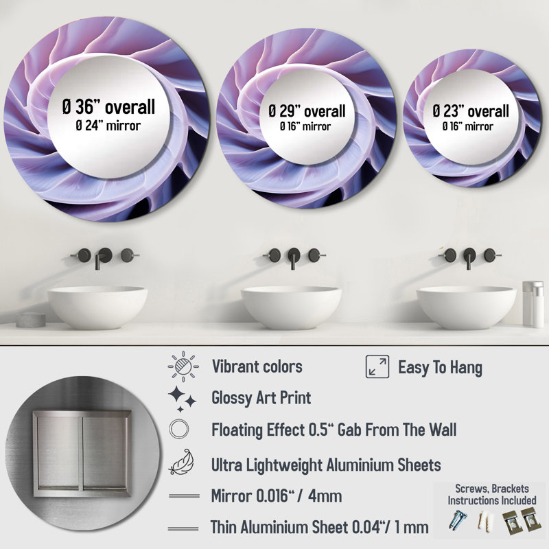 «Rikesha Lavender Sea Sheel Infinity Sprial» - miroir mural Nautilus, miroir décoratif rond mauve, impression d'art en métal