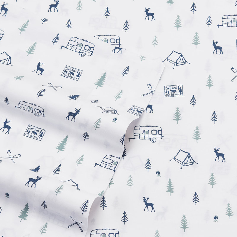 Campout Blue Graphic Cotton Percale Twin XL Sheet Set