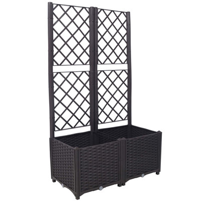 Poly Rattan Brown Trellis Raised Bed  With Drainage Plug - 2 Removable Pots With Large Flower Boxes - Built-In Support For Climbing Plants - Outdoor Patio Garden Decoration