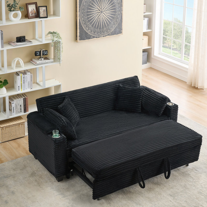 Canapé-lit extensible multifonctionnel en velours côtelé 80 pouces avec porte-gobelet adapté au salon, Noir