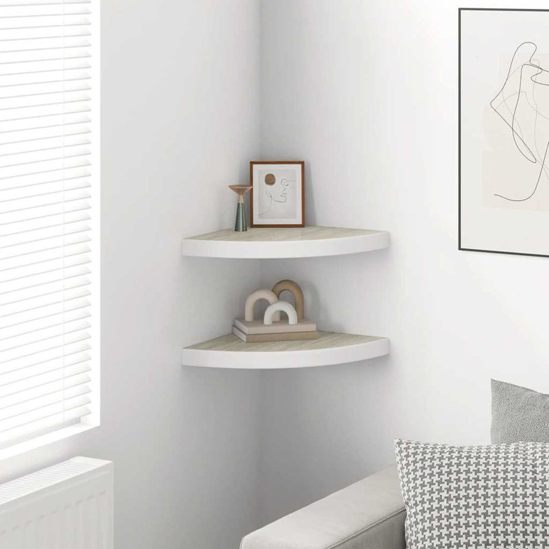 Tablette flottante triangulaire en bois massif 2 pièces Naudiya, Chêne / blanc, H 1,4 po x l 13,7 po x P 13,7 po