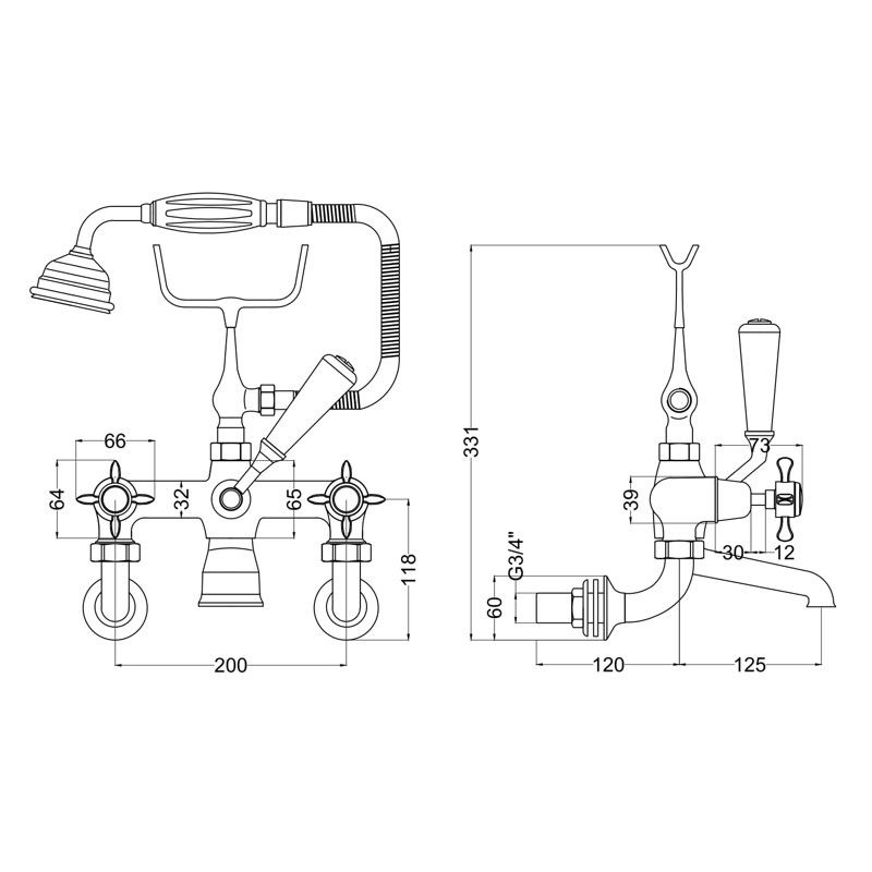 3 Handle Wall Bath Shower Mixer Bath Filler with Diverter