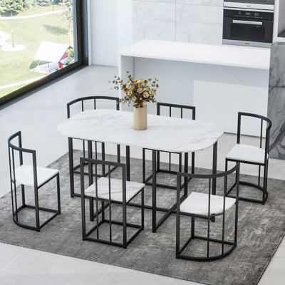 Modern 7-Piece Dining Table Set With Faux Marble Compact 55" Kitchen Table Set For 6