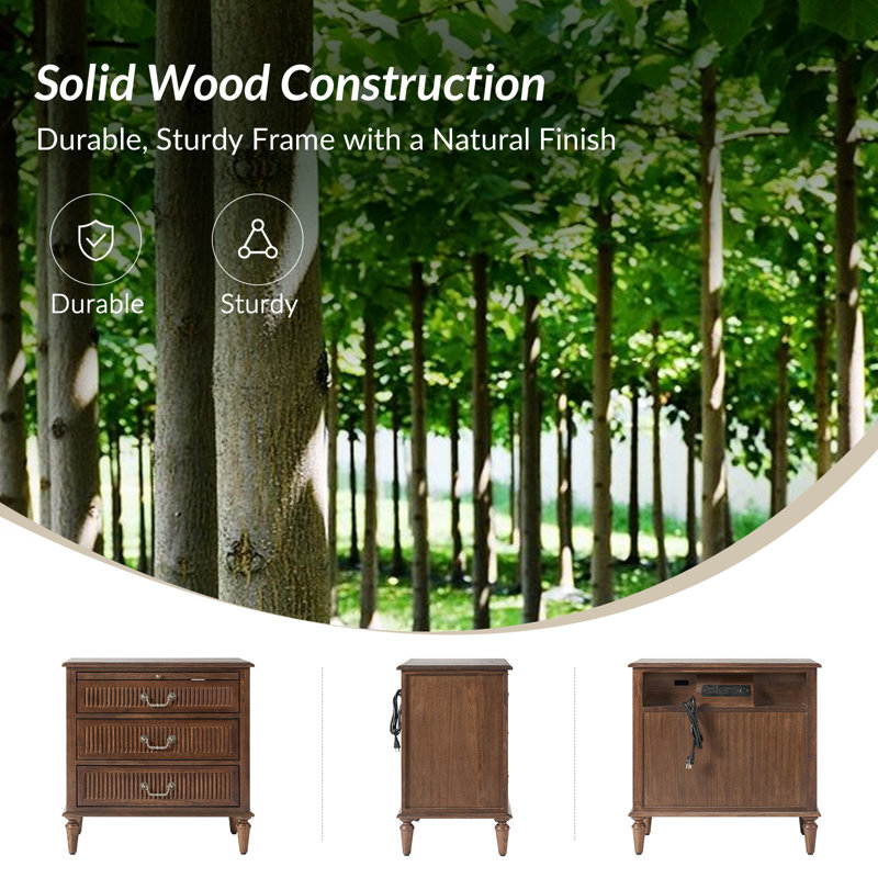 Kaybri Farmhouse 3-Drawer Fluted Solid Wood End Table with Built-In Outlet and Pull-out Tray, Walnut