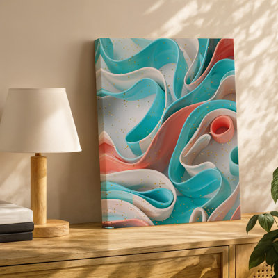 Toile, composition abstraite vibrante avec ruban flottant comme des formes dans un art mural, couleurs pastel douces de corail turquoise et art mural sur toile
