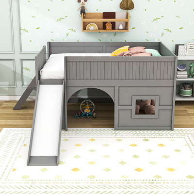 Wooden Low Loft Bed with Slide and Shelves