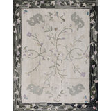 Charcoal and Ivory Color Antique Floral Folk Art American Hooked Rug