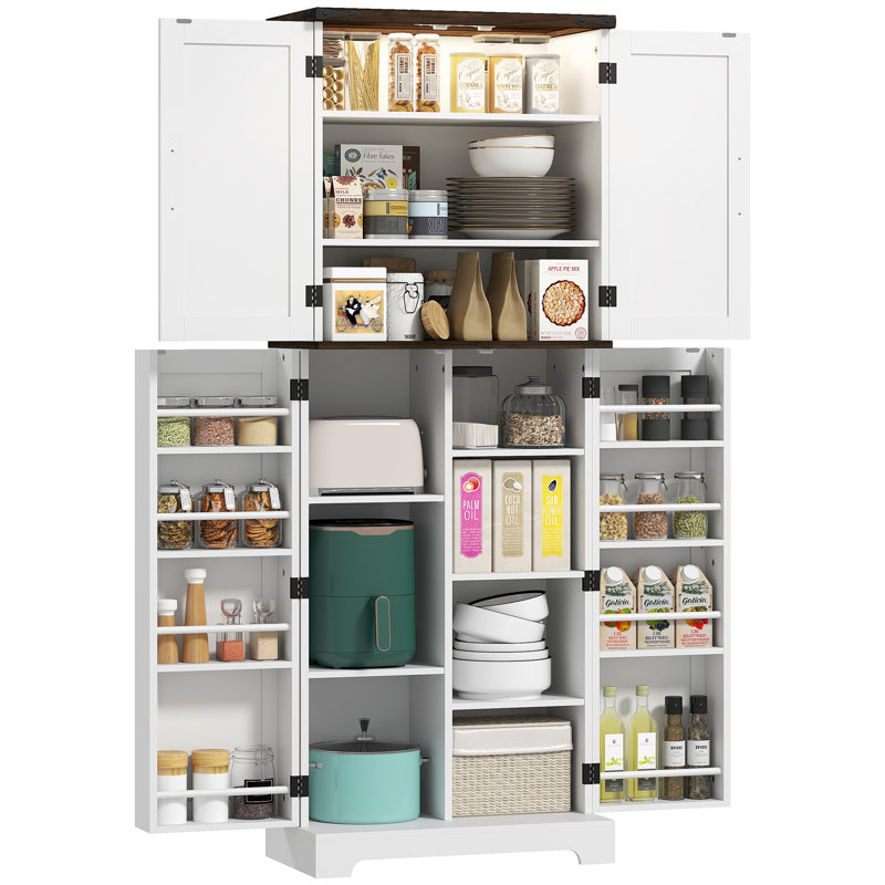 64" Kitchen Pantry Cabinet with Motion Sensor Light, Tall Storage Cabinet, White,wood