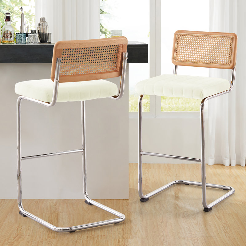 Tabouret rembourré en velours Krickelin, Argent, Tabouret de bar (siège d’une hauteur de 30 po), blanc