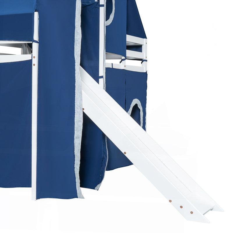 Lit mezzanine double avec tente et tour - Bleu, Bleu, Lit double